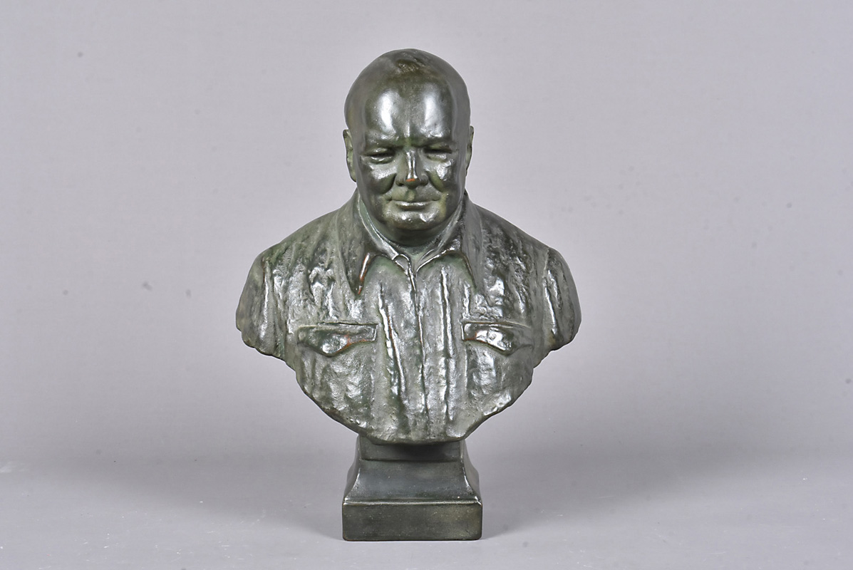 Albert Toft, after 1862-1949, a large resin bust of Winston Churchill, in green, with sculptures