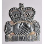 Hand in Hand Fire Office Fire Mark, 1696-1905, W2C(i), lead, policy no. 101795, G-VG, traces of