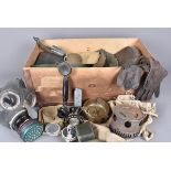 A collection of WWI and later items, to include a US Ammo pouch, a 1940 gas mask, trench art,