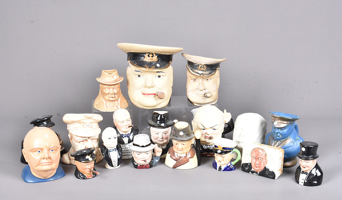 An assortment of Winston Churchill items, including Character Jugs, salts, busts and more, plus a