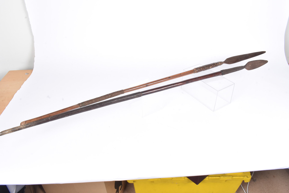 Two 19th Century Tribal spears, possibly Zulu, one with 31cm long head, with leather and wirework to - Image 2 of 5