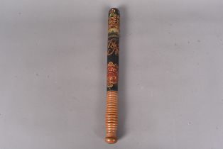 A Victorian Police Force wooden truncheon, with bulbous ribbed grip, with painted top, with Crown