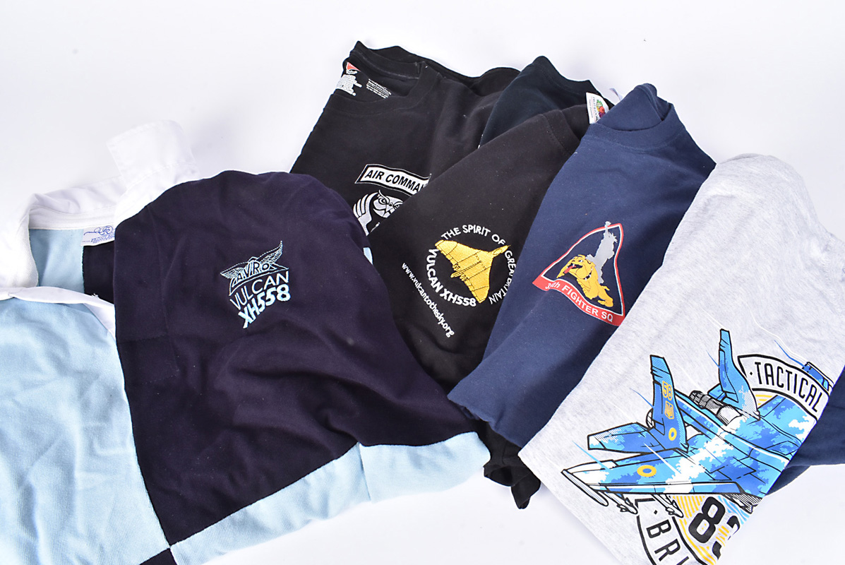 An Avro Vulcan XH558 rugby shirt, together with a selection of aviation T-shirts, including Air