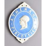 Athenaeum Fire Office Fire Mark, 1852-1856, ceramic, 'Athenaeum Fire Office', white lettering on