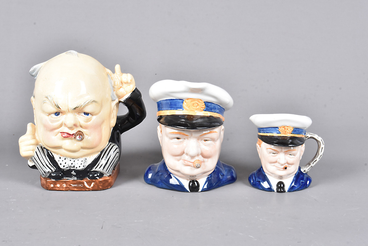 A Burleigh Ware ceramic character jug of Winston Churchill entitled 'Victory', together with two