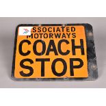 A Vitreous-enamelled double-sided Associated Motorways Coach Stop sign, with black lettering on