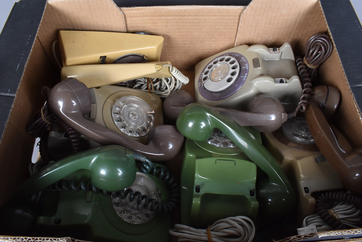 A collection of vintage plastic Rotary telephones, in various colours, grey, cream, green (parcel)