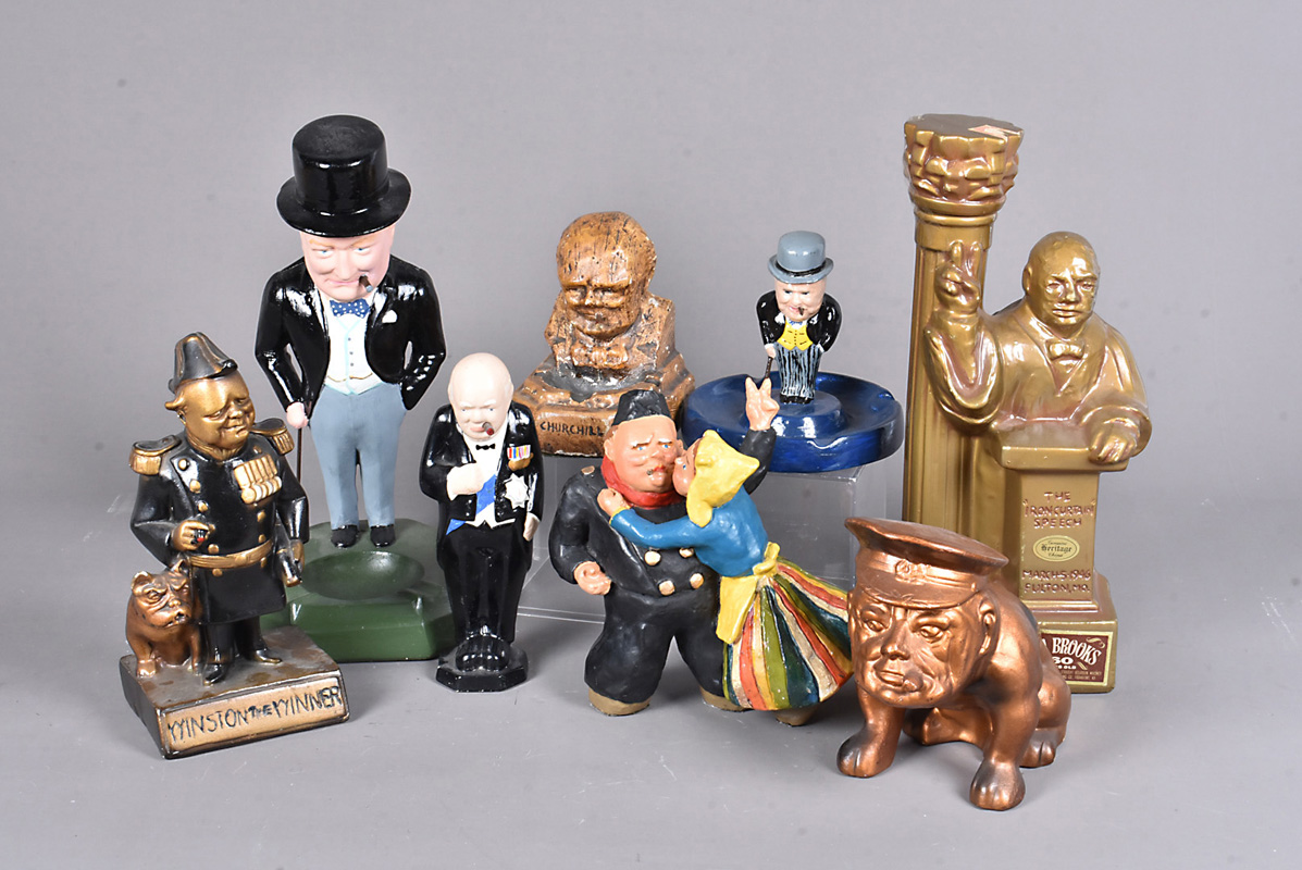 An Ezra Brooks china decanter in the form of Churchill on a podium, together with a selection of