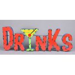 A Mexican Industrial Pub Art sign, in the form of the word 'Drinks', in red and blue, with the