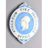 Athenaeum Fire Office Fire Mark, 1852-1856, ceramic, 'Athenaeum Fire Insurance Office', light blue