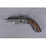 A 19th Century double barrelled pin fire pistol, with break barrel action, with hexagonal barrels,