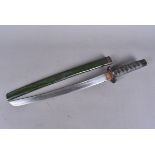 A Japanese-Style sword, with 40cm long single fuller's blade, green wooden grip wrapped in material,