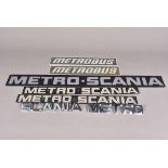 Metro-Scania/Metrobus Bus Memorabilia, a chrome-finished cast metal 'Metro Scania' badge in two
