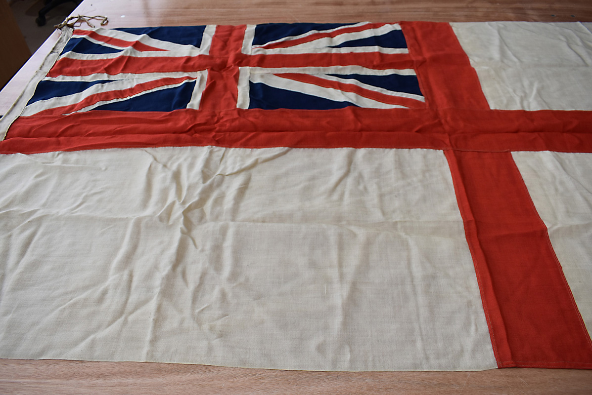 A large Royal Naval White Ensign flag, marked White Ensign, 2 1/2 Somerset, approx. 225cm x 110cm