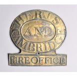 Hertfordshire and Cambridgeshire Fire Office Fire Mark, dates unknown, W68A, copper, G-VG, traces of