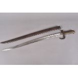 A French Yataghan bayonet and scabbard with matching numbers, dated 1872 to the spine of the