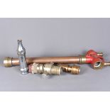 A WWII S Briggs & Co Fire Hose branch adaptor, dated 1939, together with a chromed fire nozzle