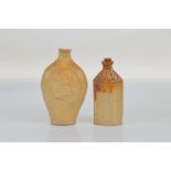 Two stoneware flasks, one having gentleman sniffing snuff and one smoking verso, 16.5cm high