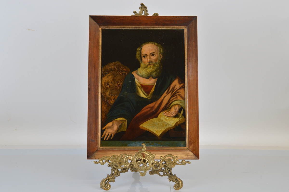 A set of five Georgian reverse glass coloured prints, of The Disciples comprising St. Matthew with - Image 3 of 6
