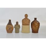 Four reproduction stoneware flasks, one Lord Nelson cordial flask having relief figural
