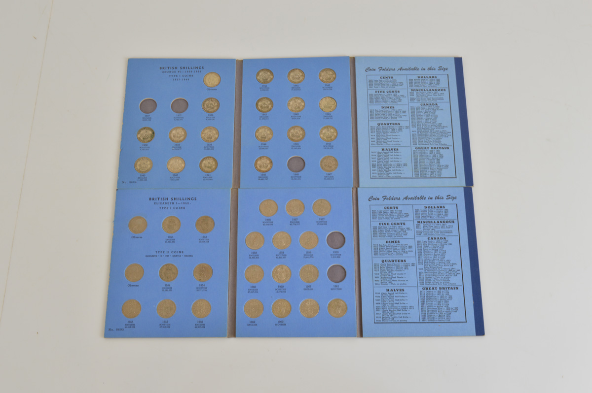 Two British Coin Collectors Shilling albums, including 17 pre-47 examples, mostly complete.