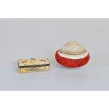 A 19th century novelty pincushion, of shell design with crimson velvet cushion, 7cm x 8cm.