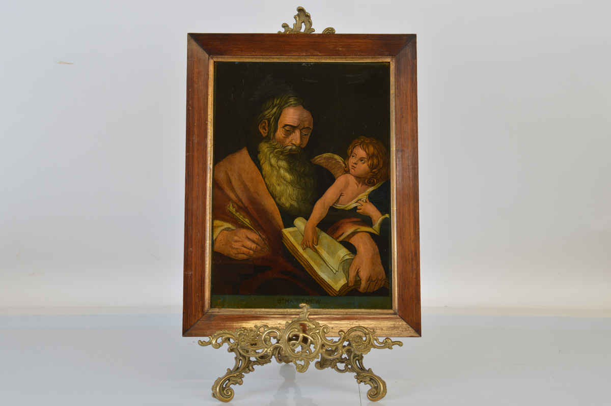 A set of five Georgian reverse glass coloured prints, of The Disciples comprising St. Matthew with - Image 5 of 6