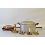 A 19th century copper warming pan, together with an aluminium twin handled pot and brass