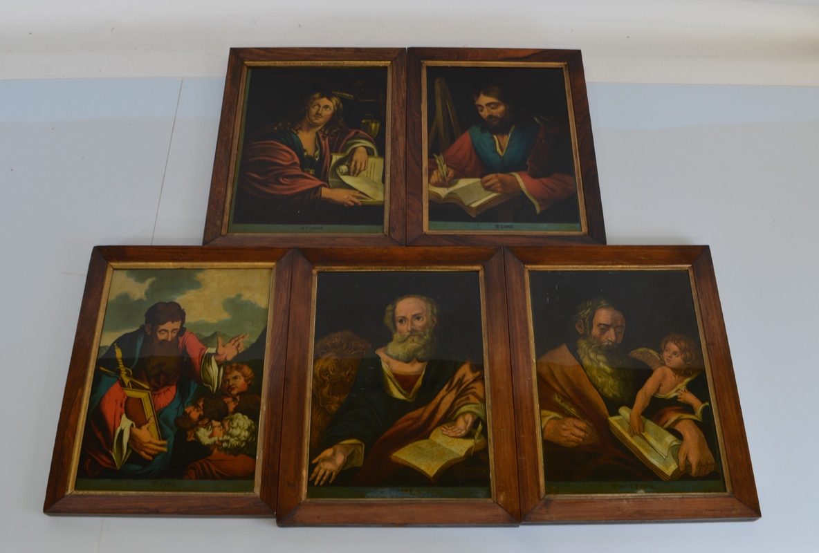 A set of five Georgian reverse glass coloured prints, of The Disciples comprising St. Matthew with