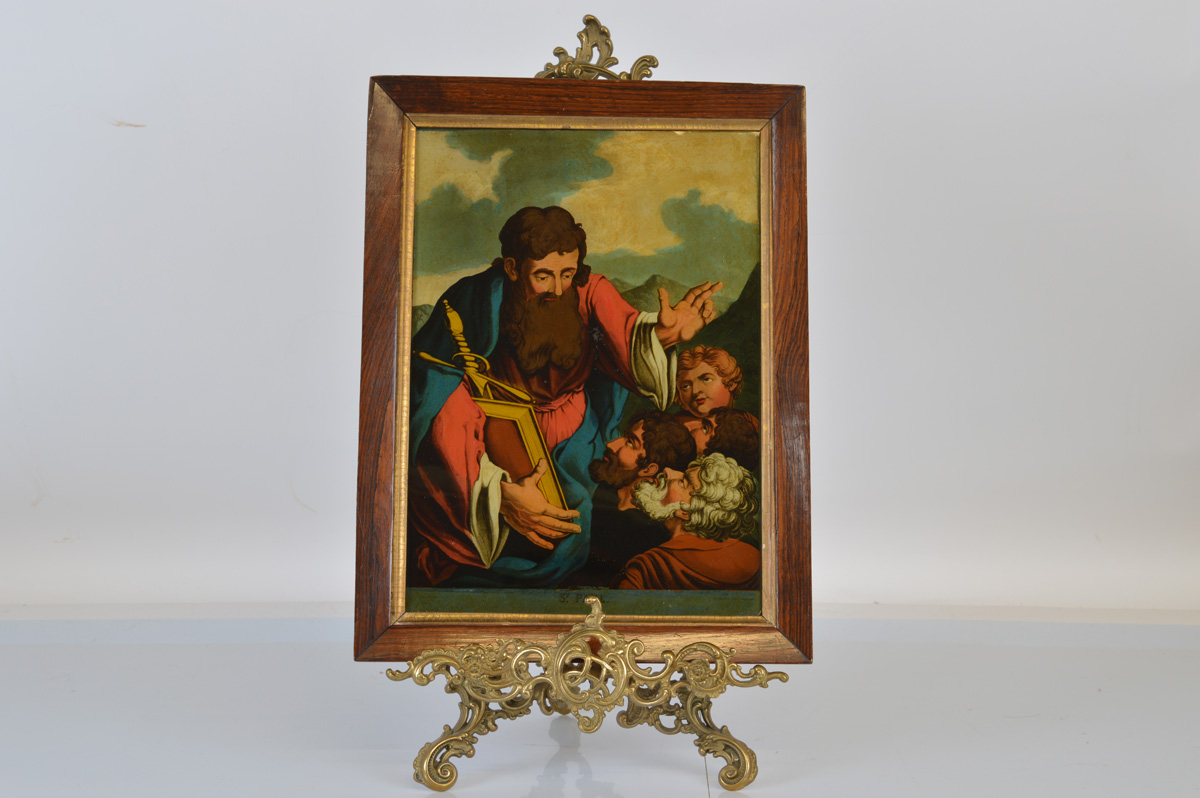 A set of five Georgian reverse glass coloured prints, of The Disciples comprising St. Matthew with - Image 2 of 6