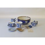A quantity of Continental jasperware ceramics, including a pair of EPNS salad servers, fruit bowl