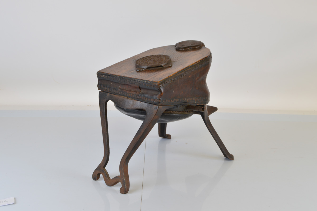 A set of oak and leather foot operated dentist bellows, on iron frame, makers plaque inscribed