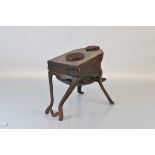 A set of oak and leather foot operated dentist bellows, on iron frame, makers plaque inscribed