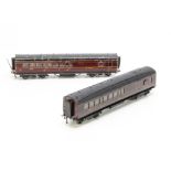 Two Exley 0 Gauge LMS Corridor Coaches, both earlier types in LMS crimson with hand-applied red-