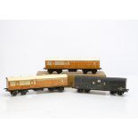 Boxed Leeds Model Co 0 Gauge LNER Coaches and Van, comprising two paper-sided LNER teak brake/3rd