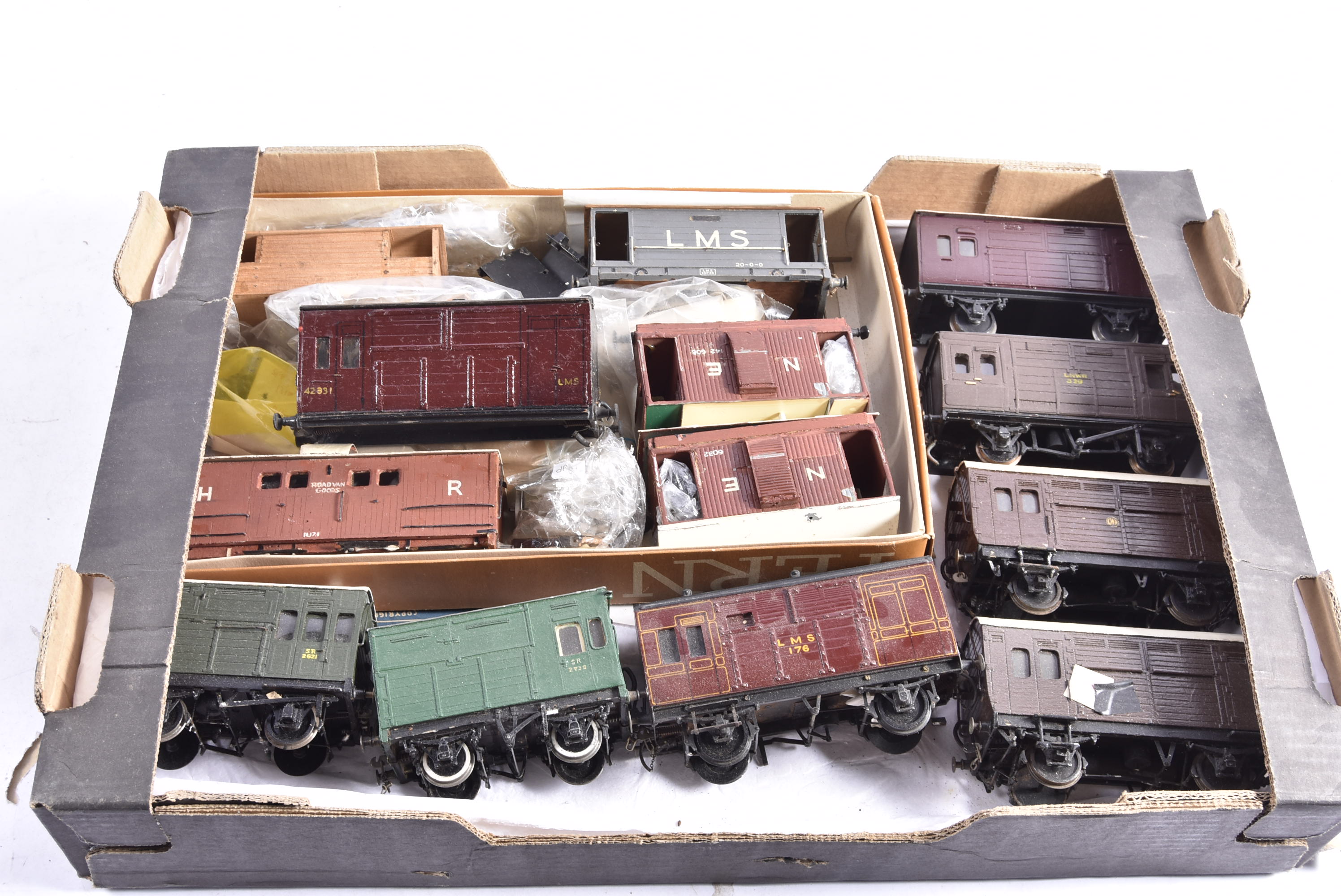 Kit-built 0 Gauge Horse Boxes and Brake Vans, most with semi-scale wheels and of wooden