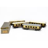 Vintage Bing 0 Gauge Saloon Coaches, three in GWR brown/cream, all as No 3295, two being G (one