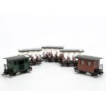 Five LGB 'shortie' G Gauge coaches/vans, comprising 3 open-sided crossbench summer cars, 1 brown