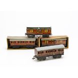 Vintage Bing 0 Gauge 'Shortie' LMS crimson Bogie Coaches, two 1st/3rd composites, both with late '