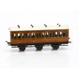 An original Milbro 0 Gauge 6-wheeled LNER 3rd class Coach, in typical Mills authentic teak