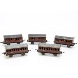 An unusual set of 5 0 Gauge 4-wheeled LMS Coaches labelled as Bassett-Lowke, possibly a special