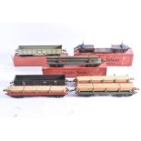 Boxed Hornby 0 Gauge No 2 Freight Stock, comprising brown/blue Trolley Wagon, VG, 'fatigue' to