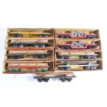 Boxed Hornby 0 Gauge No 2 Freight Stock, comprising 2 red/green Trolley Wagons with cable drums,