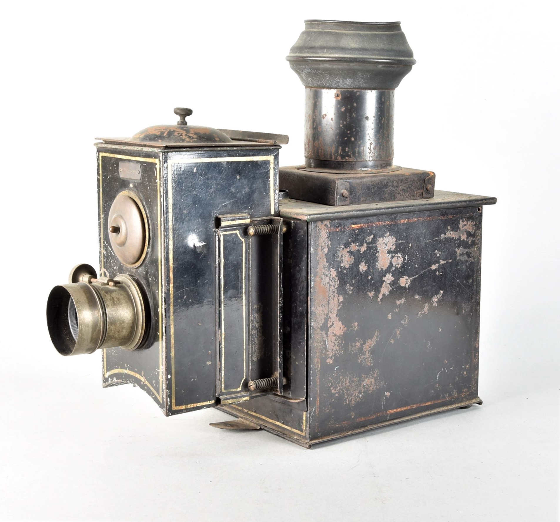 An unusual 19th Century French gold-lined black-painted tinplate Demonstrational Magic Lantern, with