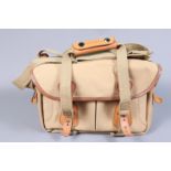 A Billingham Camera Bag, canvas, tan with leather trim, 32L x 20W x 20H (cm) approx, G, some light