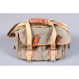 A Billingham Camera Bag, Cordura, tan with leather trim, 30L x 20W x 20H (cm) approx, G, some wear