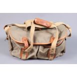 A Billingham Camera Bag, Cordura, tan with leather trim, 40L x 25w x 18H (cm) approx, G-VG, with