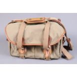 A Billingham Camera Bag, Cordura, tan with leather trim, 32L x 19W x 22H (cm) approx, G-VG, some