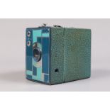 A Blue Kodak No 2 Beau Brownie Box Camera, two-toned enamel geometric Art Deco front panel, styled