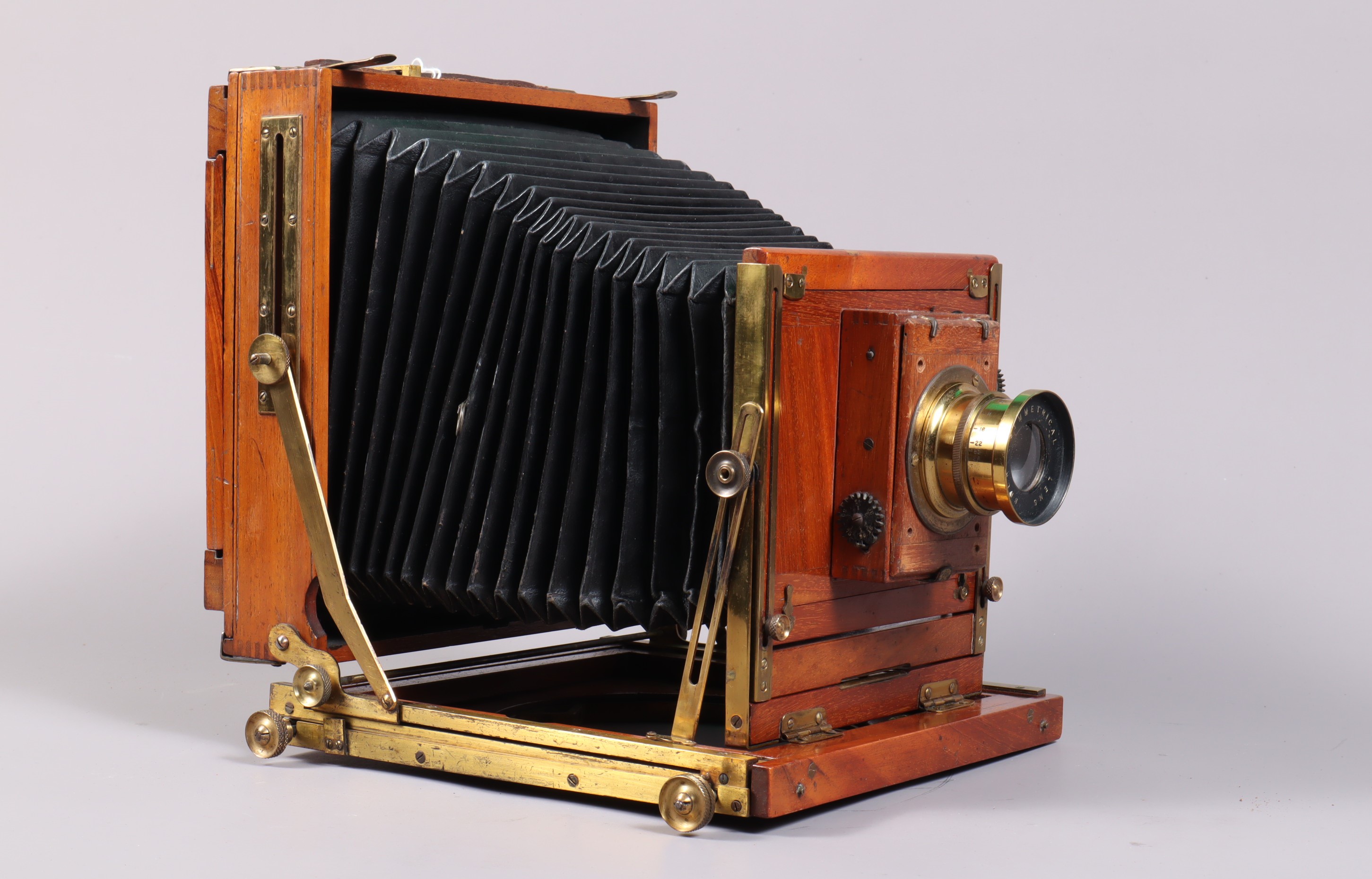 A Half Plate Mahogany and Brass Field Camera, tapered chamfered-corner black bellows, triple - Image 2 of 3